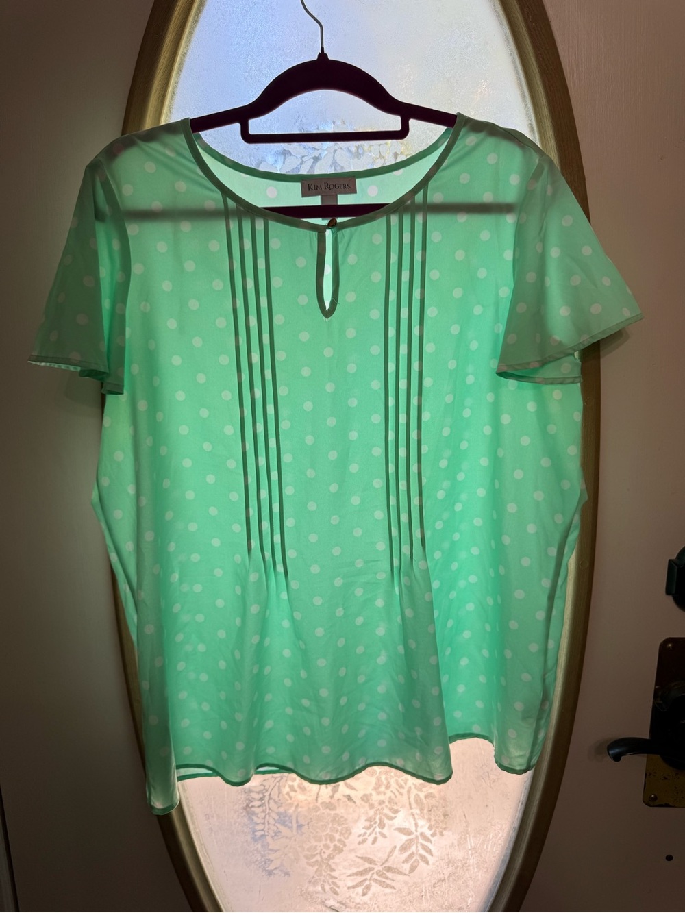 Kim Rogers Mint Green Polka Dot Pintuck Keyhole Blouse